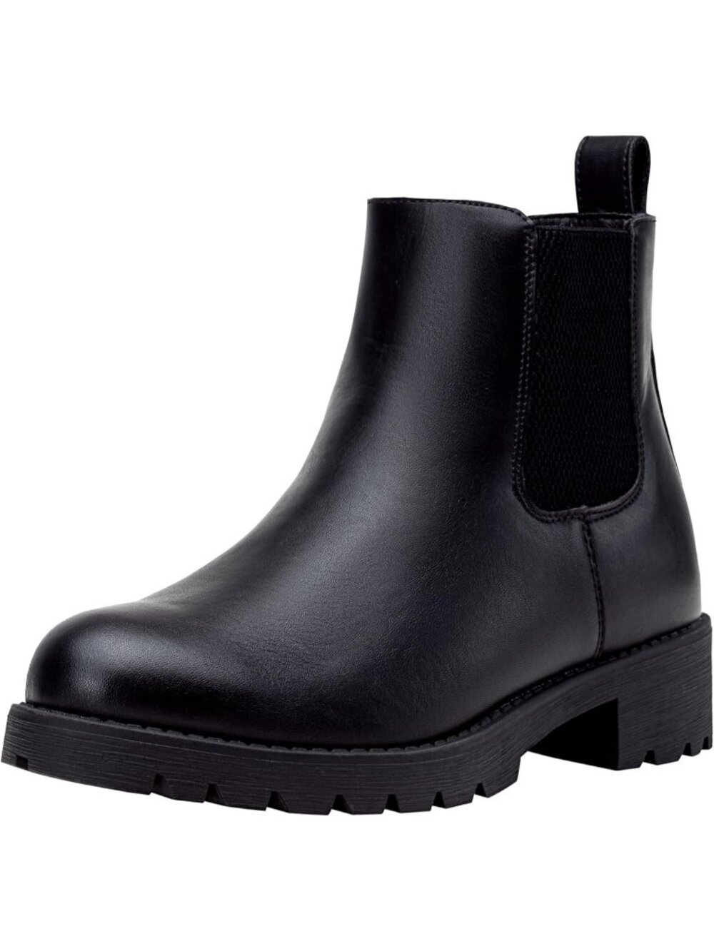 Women's Black Elastic Side Round Toe Chelsea Ankle Boots Pull-On Low Heel Boots